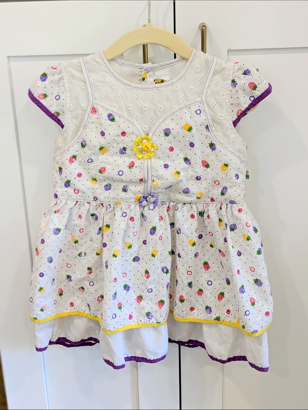 Vintage White Eyelet Dress with Purple and Yellow Trim And Fruit print